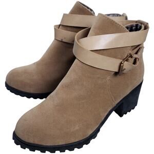 White Mountain Women's Suede Ankle Boots 7.5 Brown Buckle Chunky Heel w/ Box